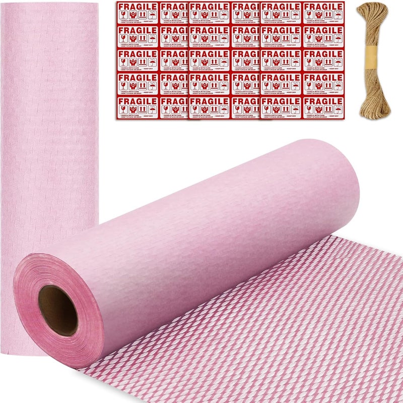 Pine nuts Honeycomb Packing Paper 15"x131' Recyclable Honeycomb Paper Moving Supplies Bubble Paper Wrapping Protective Roll with 30 Fragile Sticker Labels and 66ft of Jute rope (Light pink) - Image 1